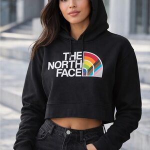 The North Face Cropped Hoodie Black Rainbow Logo Pride Pullover | XL